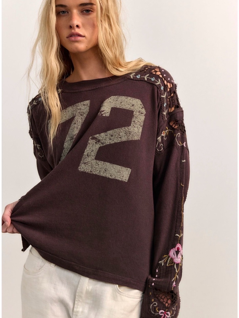 Free People We The Free Lilith Tee Chocolate Floral Embroidered Crochet Slouchy